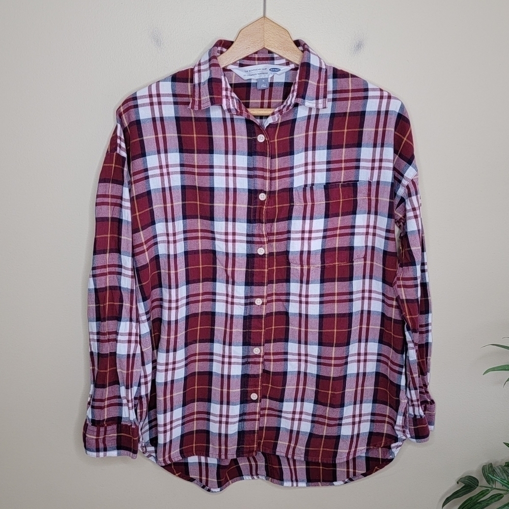 Old Navy Red White Navy Yellow Plaid Boyfriend Button Down Shirt Size Medium